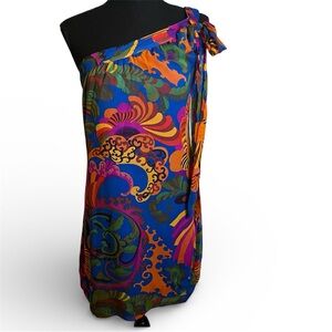 Trina Turk Banana Republic Colab Dress Coachella 100% Silk One Shoulder Bow Lux